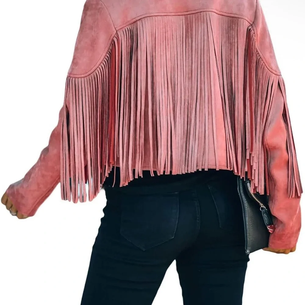 Fringe Suede Cropped Jacket - Pink - Picture 2 of 8